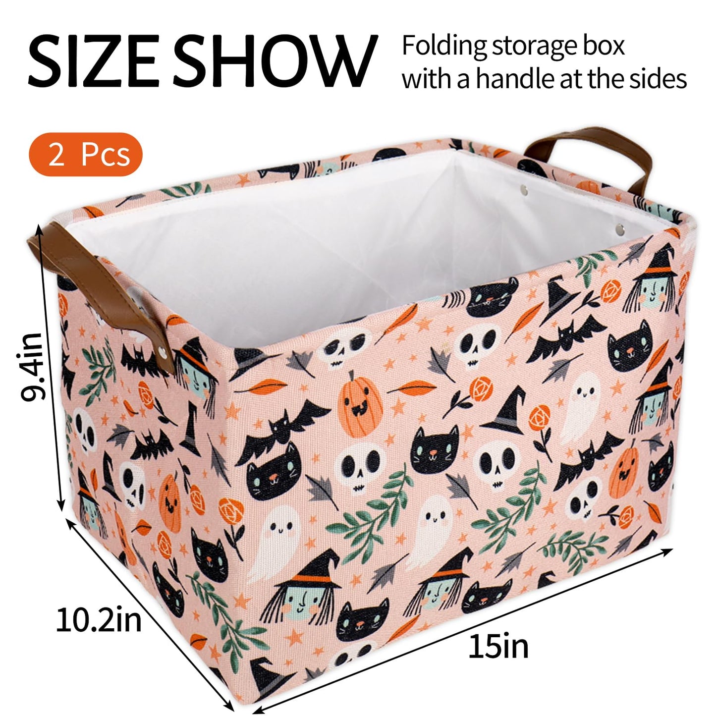 JarThenaAMCS 2Pcs Halloween Storage Basket with Handles Spooky Pumpkin Ghost Black Cat Cube Storage Bin Foldable Fabric Container Organizer Box for Home Office Dorm Closet Shelf Toy