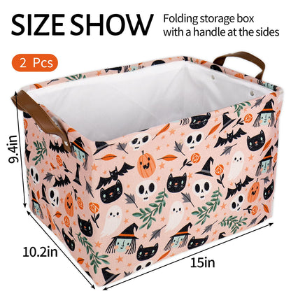 JarThenaAMCS 2Pcs Halloween Storage Basket with Handles Spooky Pumpkin Ghost Black Cat Cube Storage Bin Foldable Fabric Container Organizer Box for Home Office Dorm Closet Shelf Toy