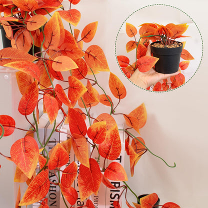 3 Pack Artificial Fall Plants Hanging Orange Vines Potted Fall Foliage Fake Pothos Trailing Plant Autumn Decoration for Indoor Outdoor Thanksgiving Bathroom Wall Kitchen Room Shelf Decor (Black Pot)