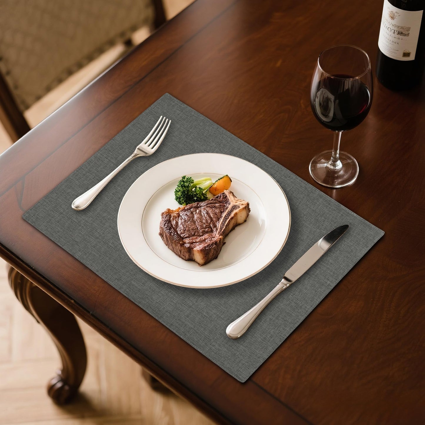 Linen Cloth Double Layers Placemats, Cotton Woven Placemats Set of 6, Kitchen Table Farmhouse Decor Heat Resistant Table Mats, Outdoor Indoor Square Fabric Place Mats Can be Washable (Dark Gray)