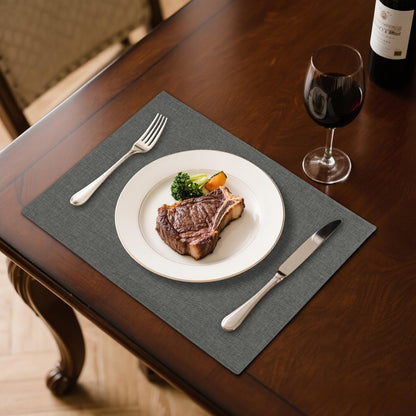 Linen Cloth Double Layers Placemats, Cotton Woven Placemats Set of 6, Kitchen Table Farmhouse Decor Heat Resistant Table Mats, Outdoor Indoor Square Fabric Place Mats Can be Washable (Dark Gray)
