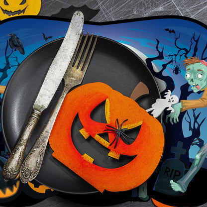 6 Pcs Halloween Placemats Plastic Pumpkin Spider Ghost Witch Happy Halloween Table Mats Boo Purple Blue Orange Spooky Waterproof Placemat for Kitchen Home Table Party Decoration, 11.81 x 15.75 Inch