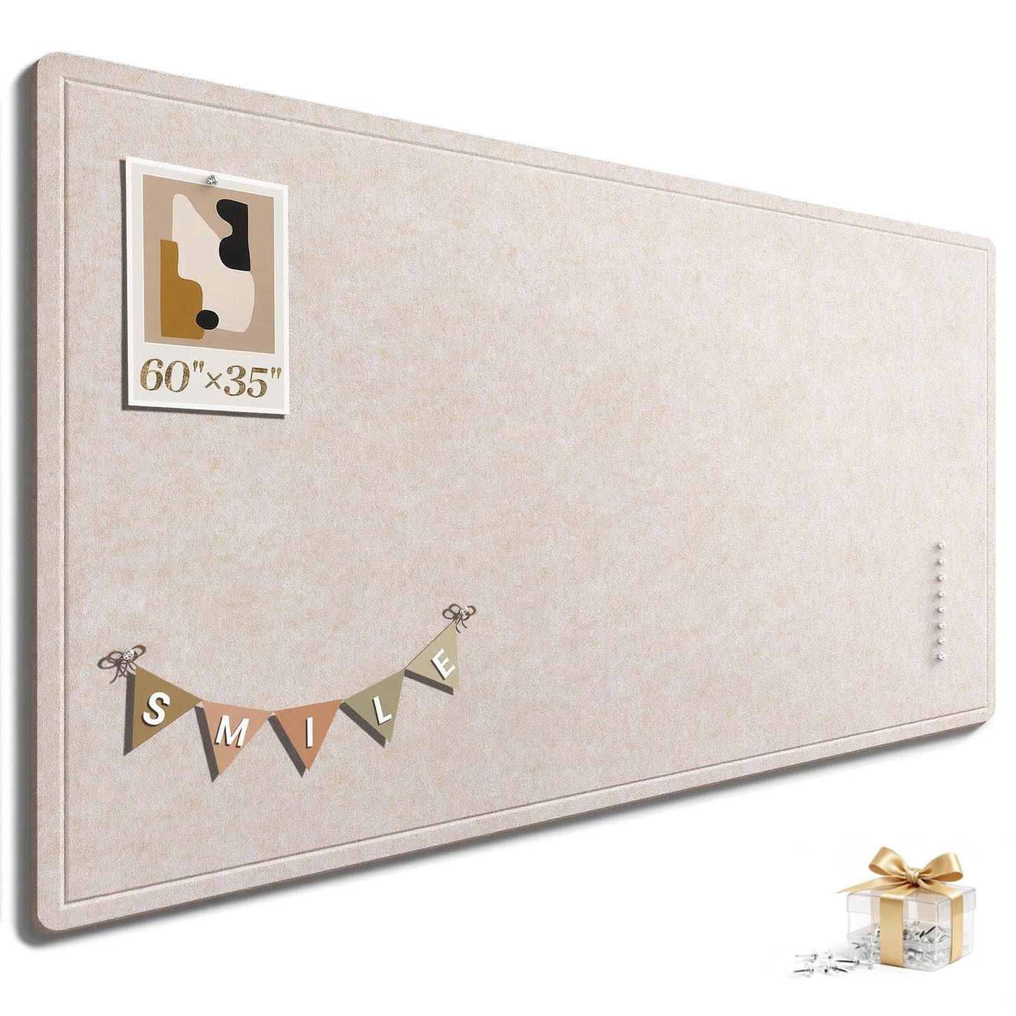 Large Bulletin Board, 60 X 35 Inches Felt Cork Board with 40 Pushpins, Foldable Felt Notice Pin Board Photo Display Board with Self-Adhesive Tape for Office Home School (Oatmeal, 60x35 inch)