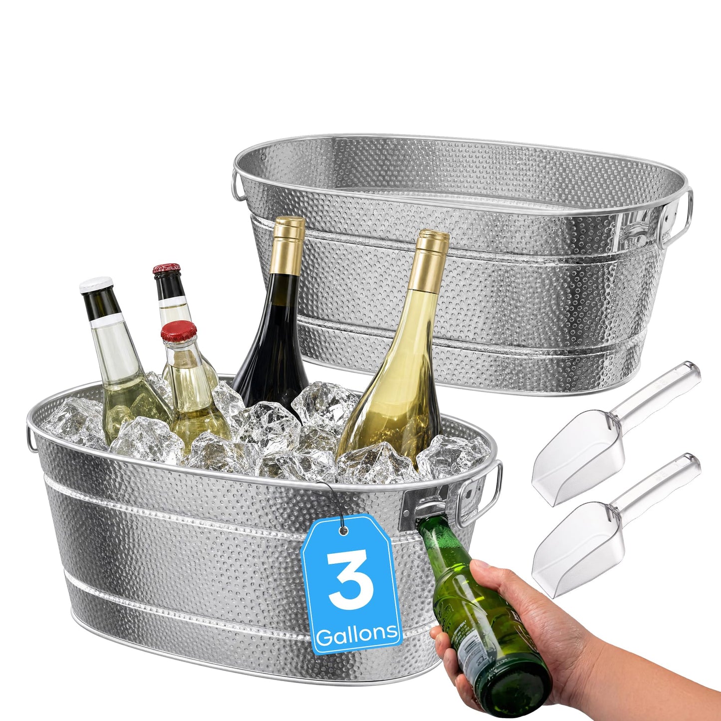 2 Pack Galvanized Tub with Handles - Beverage Tub with 2 Ice Scoops, 3 Gallon Ice Bucket for Parties, Metal Drink Buckets for Parties for Champagne Cocktails Wine Cooling for Mimosa Bar Supplies