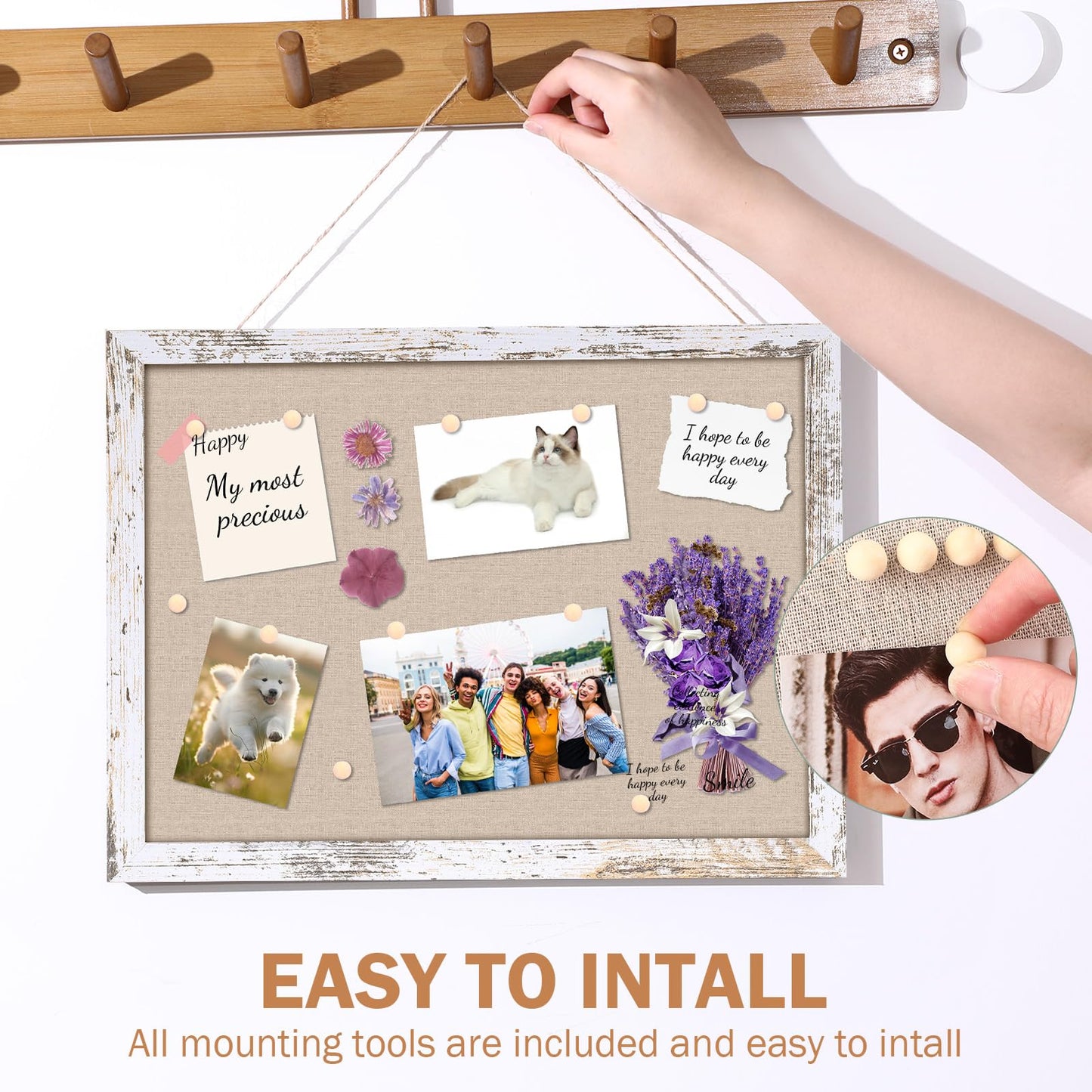 Teling 9 Pack Wood Bulletin Boards with Linen 12''x 16'' Cork Board for Walls with 90 Pushpin Decorative Wood Framed Display for School Office Home Decor (Netural White)