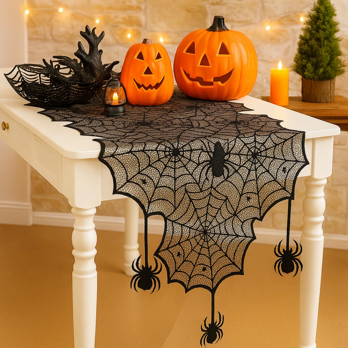 Windkream 18 x 72 Inch Halloween Table Runners Black Lace Spider Web Table Runner with Crawling Spider Gothic Halloween Decorations for Masquerade Themed Party Dinner Mantel Indoor Decor