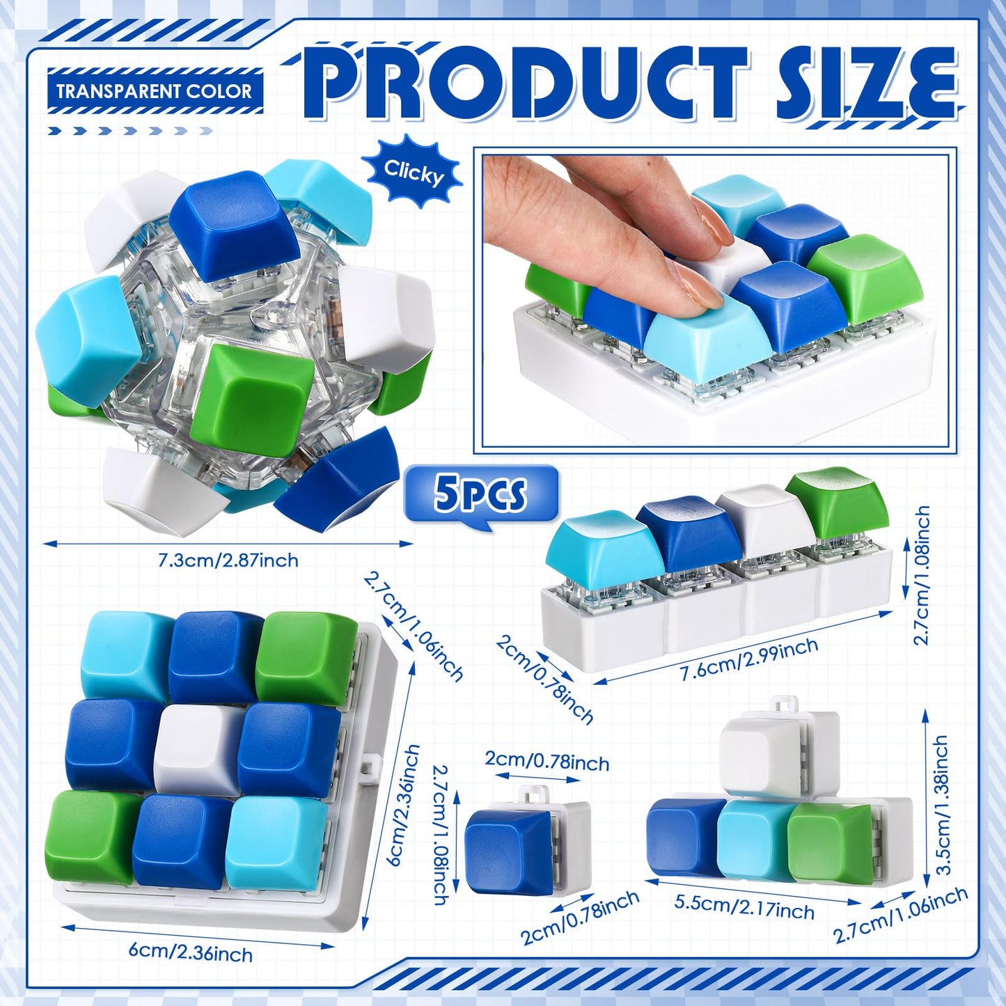 Halloscume 5 Pcs Keyboard Adult Fidget Clicker in 5 Styles Keyboard Fidget Keychain Cube Mechanical Key Button Clicker Stress Relief Gift for Office Home Pass Time(Blue Green)
