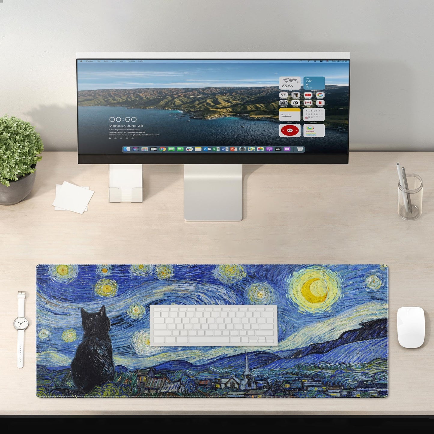 Starry Night Cat Gaming Mouse Pad Large Desk Mat Extended Keyboard Mouse Pad Anime Mousepad with Non-Slip Base and Stitched Edge Mouse Mat Desk Pad 31.5 x 11.8 Mouse Pads for Desk Home Office Gaming