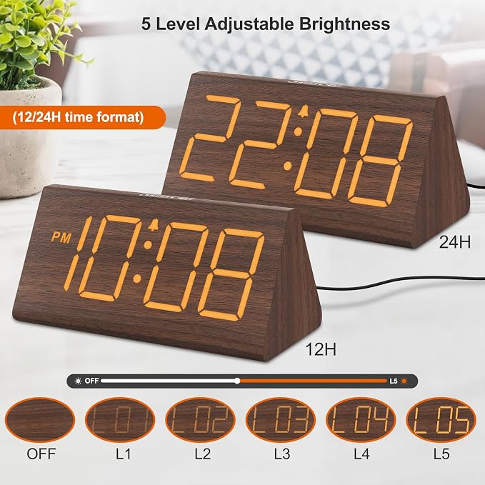 DreamSky Wooden Digital Alarm Clock for Bedrooms with Large Numbers | Electric Desk Clock, USB Port, Loud Alarm for Heavy Sleepers, Adjustable Volume, Dimmer, DST, Wood Décor Gifts, Plug in Clock