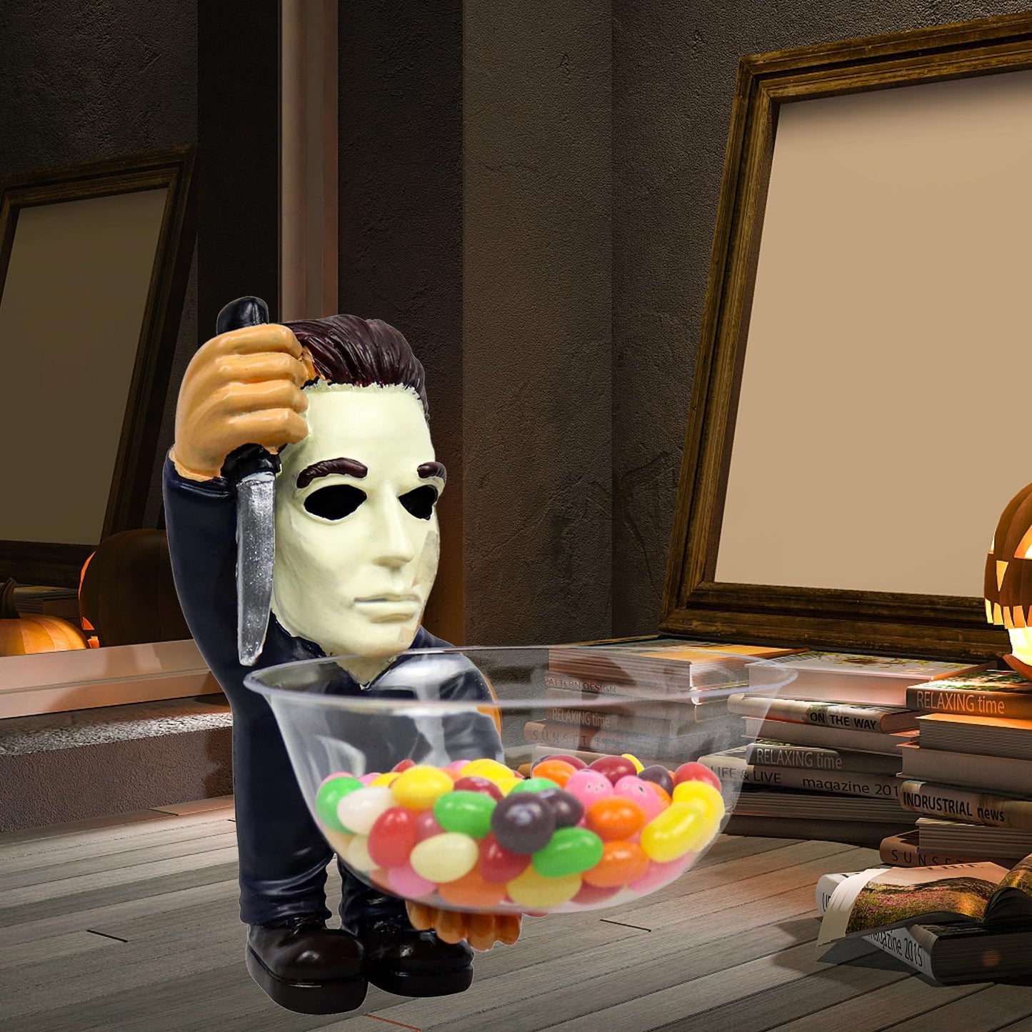 GOBWCOT Halloween Candy Bowl Holder Horror Movie Gnomas Candy Dish Scary Killer Figurines Statue Kitchen Ornaments Jar (Statue A)