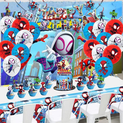 Cartoon spidey-themed birthday party supplies. These decorations include "Happy Birthday" banners, tableware, tablecloths, balloons, large and small skewers, and party-themed decoration sets.