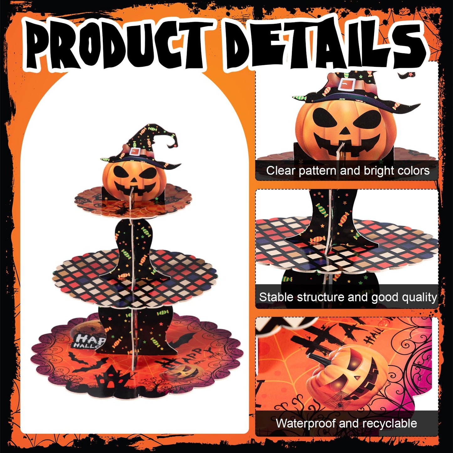 LemonRoad 3-Tier Halloween Cupcake Stand Pumpkin Stack Dessert Display Holder with 12 Haunted House Cup Cake Wrappers 12 Cake Toppers for Halloween Treat Birthday Table Decorations