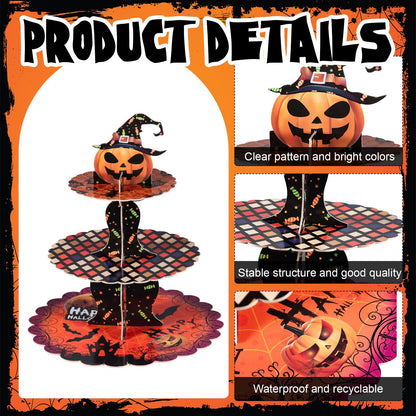 LemonRoad 3-Tier Halloween Cupcake Stand Pumpkin Stack Dessert Display Holder with 12 Haunted House Cup Cake Wrappers 12 Cake Toppers for Halloween Treat Birthday Table Decorations