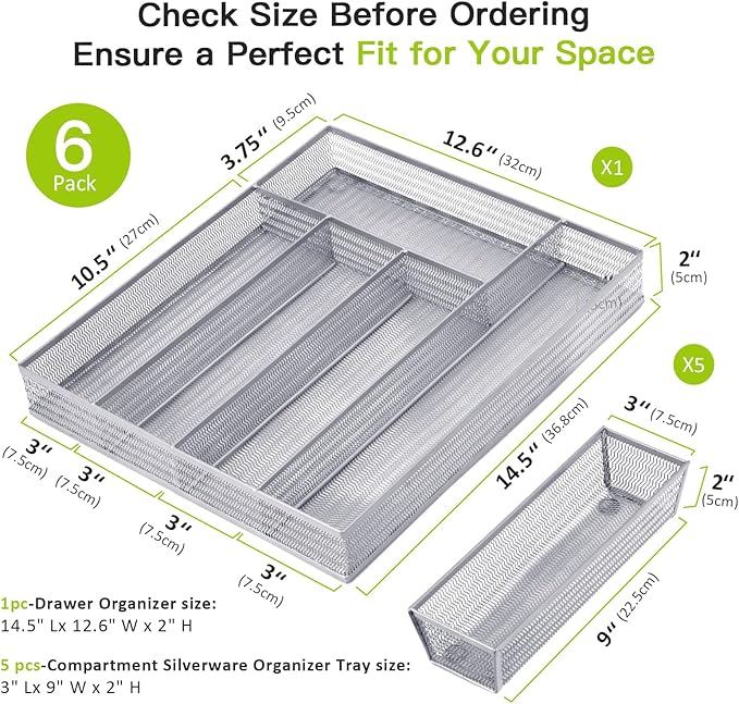 Neudeco Drawer Organizer Set, Silver Mesh, 6 Pack | 5-Compartment Silverware Tray, 5 Utensil Trays, Non-Slip, For Flatware, Cutlery, Office Supplies