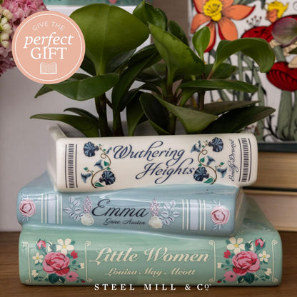 Steel Mill & Co Small Book-Shaped Decorative Ceramic Planter for Home Decor, Bookshelf, Classic Titles Bookstack, 5" x 7" x 3.75"