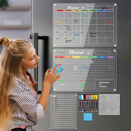 Hivillexun 3-Pack Acrylic Magnetic Dry Erase Calendar Whiteboard Set – Organize Your Refrigerator, Wall, or Fridge with Monthly, Weekly, and Daily Planners, Includes 8 Markers, Large Eraser, and Cloth