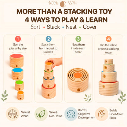 Wooden Stacking Cups for Toddlers 1-3 – Montessori Baby Toy for Sorting, Nesting & Stacking, Natural Wood Learning Toy for Fine Motor Skills