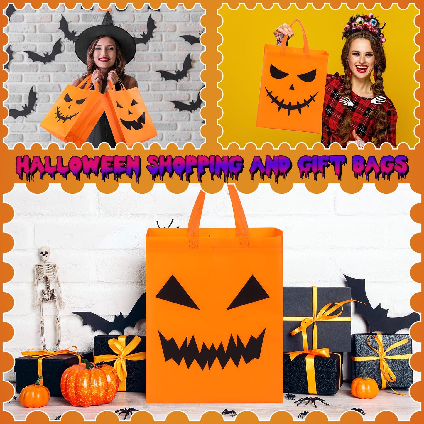 Sanwuta 48 Pcs Halloween Tote Gift Bags 14.9 x 11.8 Large Treat or Trick Pumpkin Reusable Non Woven Candy Goodies Bag for Halloween