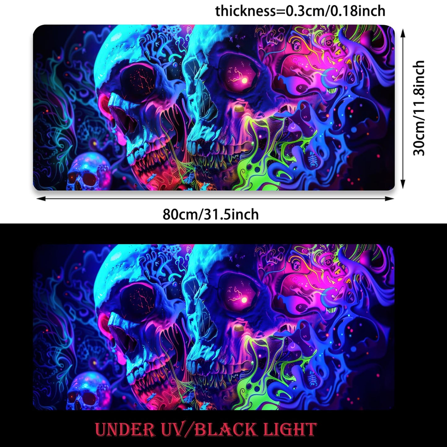 Simpkeely Horror Skull Mouse Pad, Large Waterproof Blacklight Colorful Skeleton Neon Gaming Non-Slip Rubber Base Mousemat, Glow in the Dark Abstract Desk Mat for Office Home - 31.5 x 11.8 inches