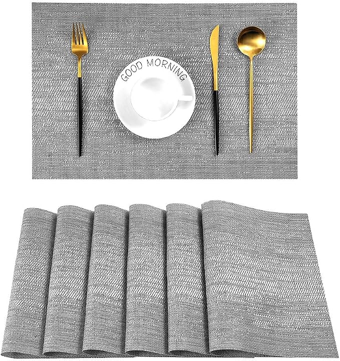 Leetaltree Grey Placemats, Heat Resistant Non-Slip Place mats for Dining Table, Washable Durable PVC Vinyl Woven Table Mats (Set of 6)
