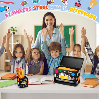 Watersay 108 Pcs Pencil Dispenser Kit for Classroom Wooden Sharp and Dull Pencil Holder 50 Pencils 50 Sharpener 6 Sticker Classroom Teacher Must Have Straw Dispenser for Back to School(Black)