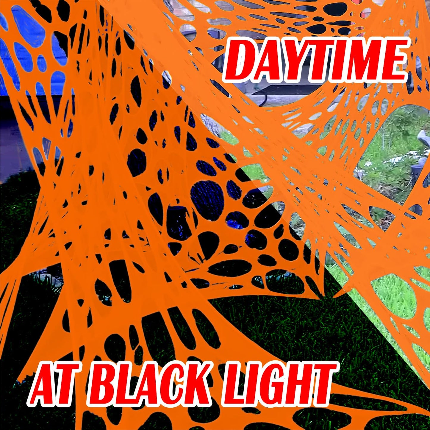 YHFUISK 700 Sqft Giant Durable Spider Web Halloween Decorative Outdoor, Beef Web for Glow in The Dark Spider Web, Orange Giant Spider Outdoor Decor Set,with 3 Blacklight (24FT x 4FT)