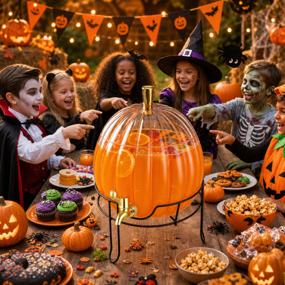 Romooa 1.3 Gallon Halloween Plastic Drink Dispenser with Metal Stand Spigot Pumpkin Shaped Drink Dispenser Beverage Flask with Spigot for Fall Harvest Summer Halloween Autumn Party Supplies(Clear)