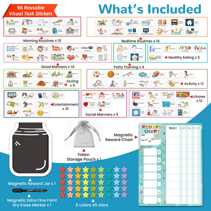 JJPRO Magnetic Reward Chart for Kids with Reward Jar- Behavior Reward Chart System, Toddlers Daily Routine,Weekly Chore Chart,96 Reusable Stickers& 45 Star Tokens to Motivate Responsibility-Blue