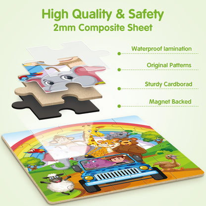 SYNARRY Magnetic Puzzles for Kids Ages 3-5, 20 Pieces Toddler Animal Puzzles for Kids Ages 4-6, Easter Basket Stuffers Gifts for Kids, Car Airplane Road Trip Activities Magnet Games Toy for Boys Girls