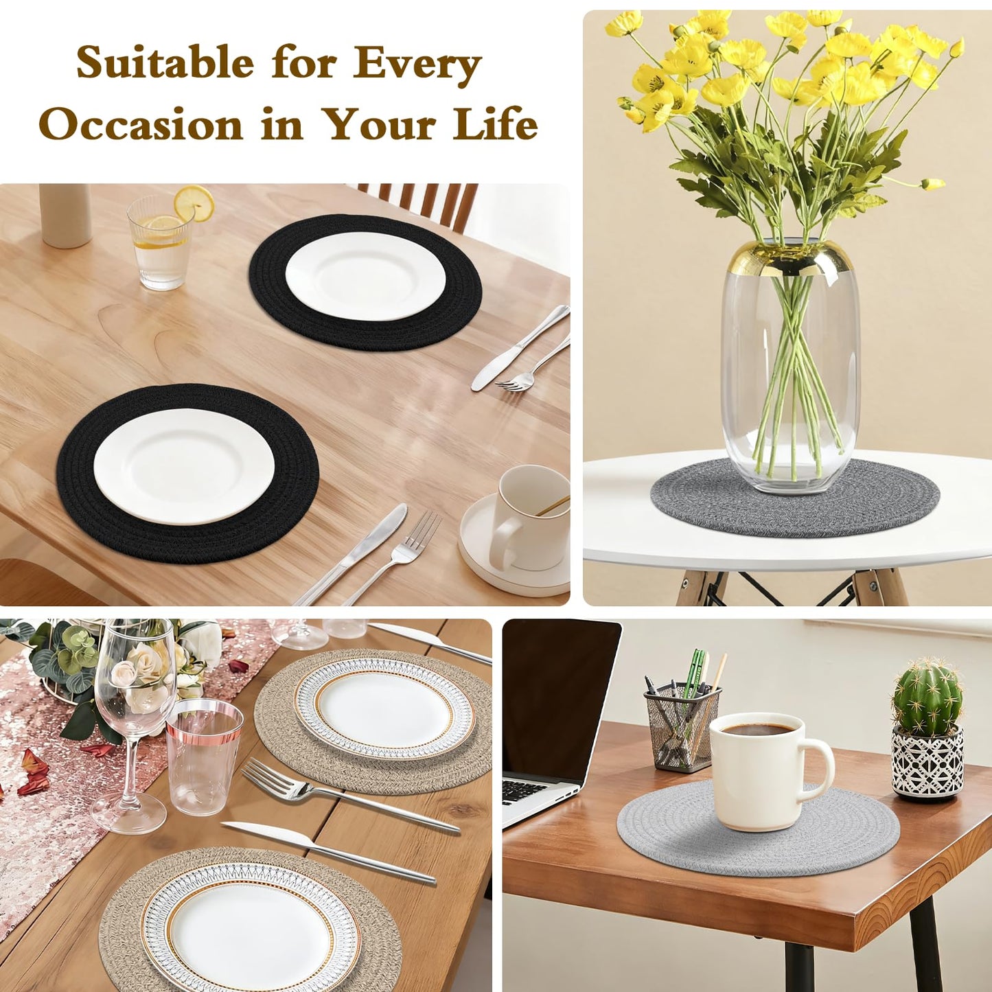Round Placemats Set of 6 with Holder, Cotton Rope Woven Place Mats, Hot Pads for Kitchen, Heat Resistant Table Mats, 13 Inch Farmhouse Washable Braided Placemat for Kitchen Decor (Gray)