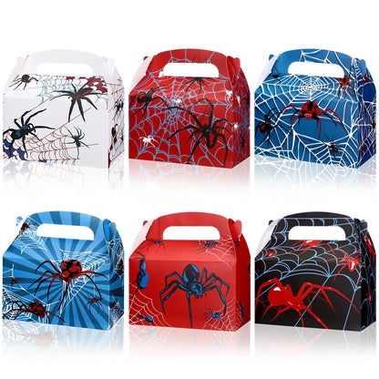 Gilprop 16 Pcs Spider Birthday Party Favor Boxes Spider Gifts Goodie Treat Boxes with Handles 6.3 x 3.23 x 3.74 Inches Double Sided Printed Gable Candy Bag for Party Supplies, 6 Style