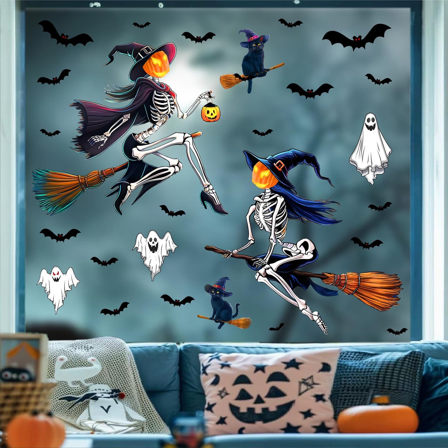 Halloween Window Decorations Decals Scary Skeleton Witches Window Stickers Double-Sided Bats Ghost Clings for Glass Removable Reusable Black Cat Static Decal for Indoor Outdoor Home Holiday Supplies