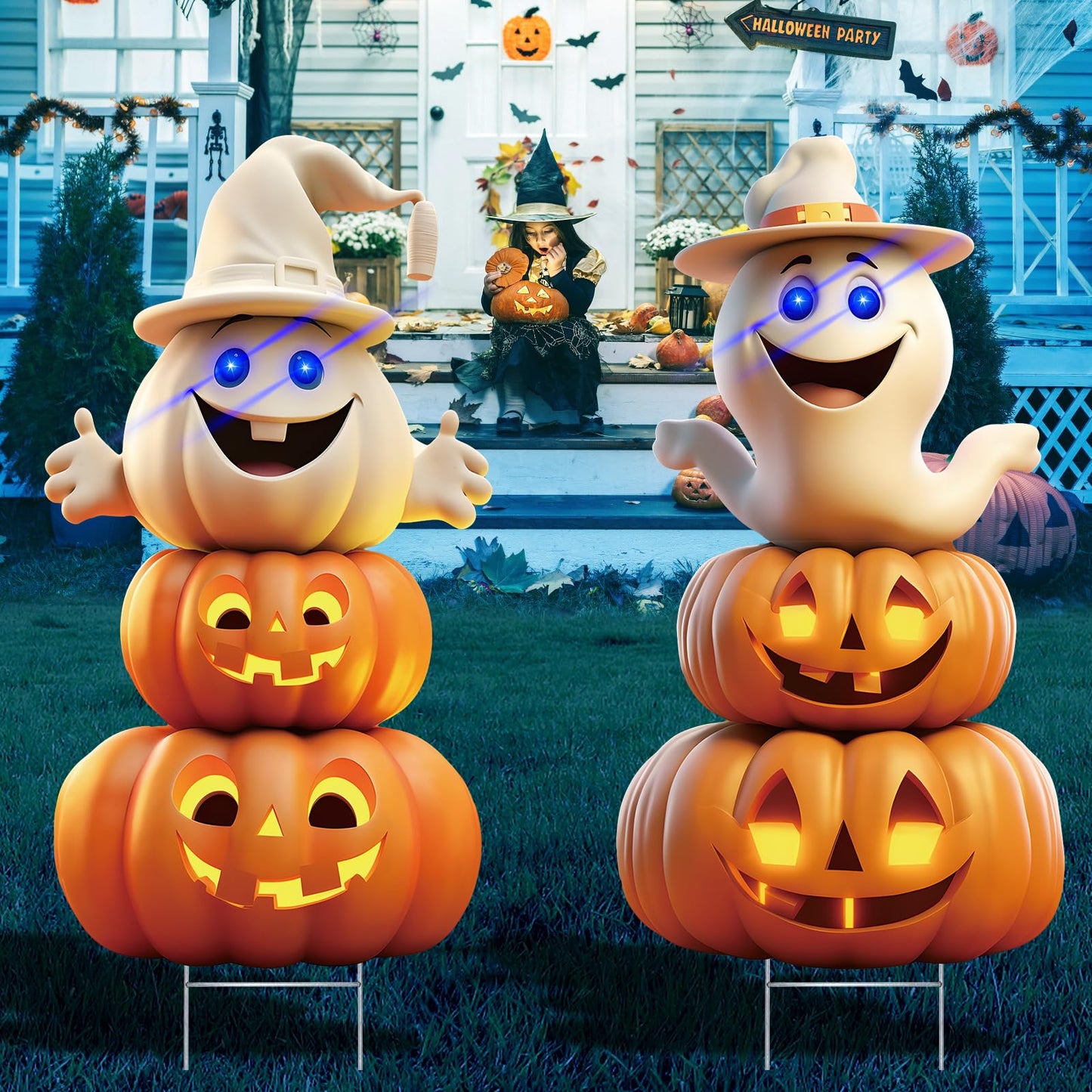 2Pcs 4.0FT Ghost Halloween Decorations Plastic Yard Signs with Stakes,Spooky Halloween Pumpkin Decorations Outdoor, Scary Silhouette Glow in Dark Eyes for Outdoor Yard Lawn Garden