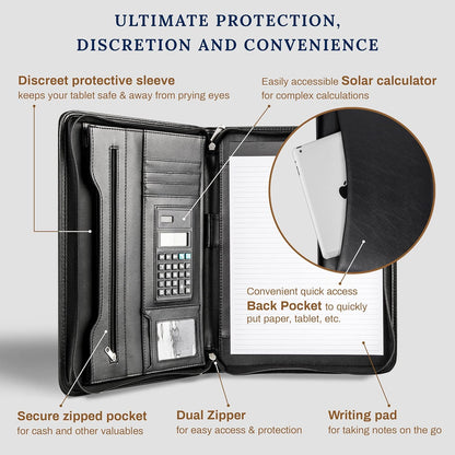 Cossini Black Superior Vegan Leather Business Portfolio with Zipper – Padfolio All-in-One. Smartest Protective 10.1 Inch Tablet Sleeve, Presentation Slot, Solar Calculator, Card Storage, Writing Pad