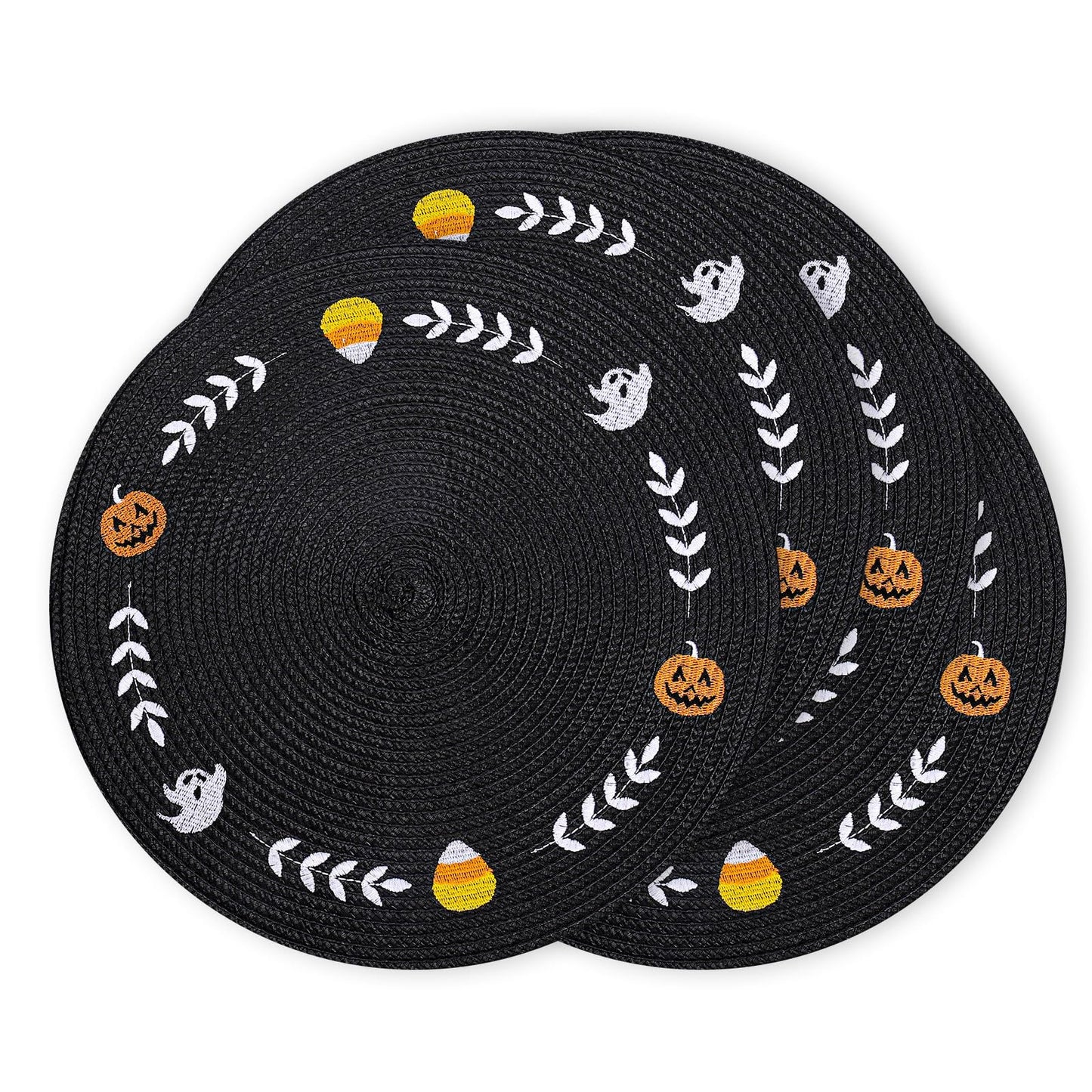 Whaline 4 Pcs Round Halloween Placemats Embroidered Ghost Pumpkin Candy Corn Place Mats Black Spooky Dinner Table Mats for Halloween Holiday Trick or Treat Party Table Decor