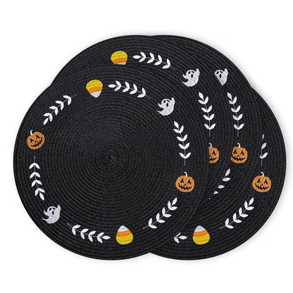 Whaline 4 Pcs Round Halloween Placemats Embroidered Ghost Pumpkin Candy Corn Place Mats Black Spooky Dinner Table Mats for Halloween Holiday Trick or Treat Party Table Decor