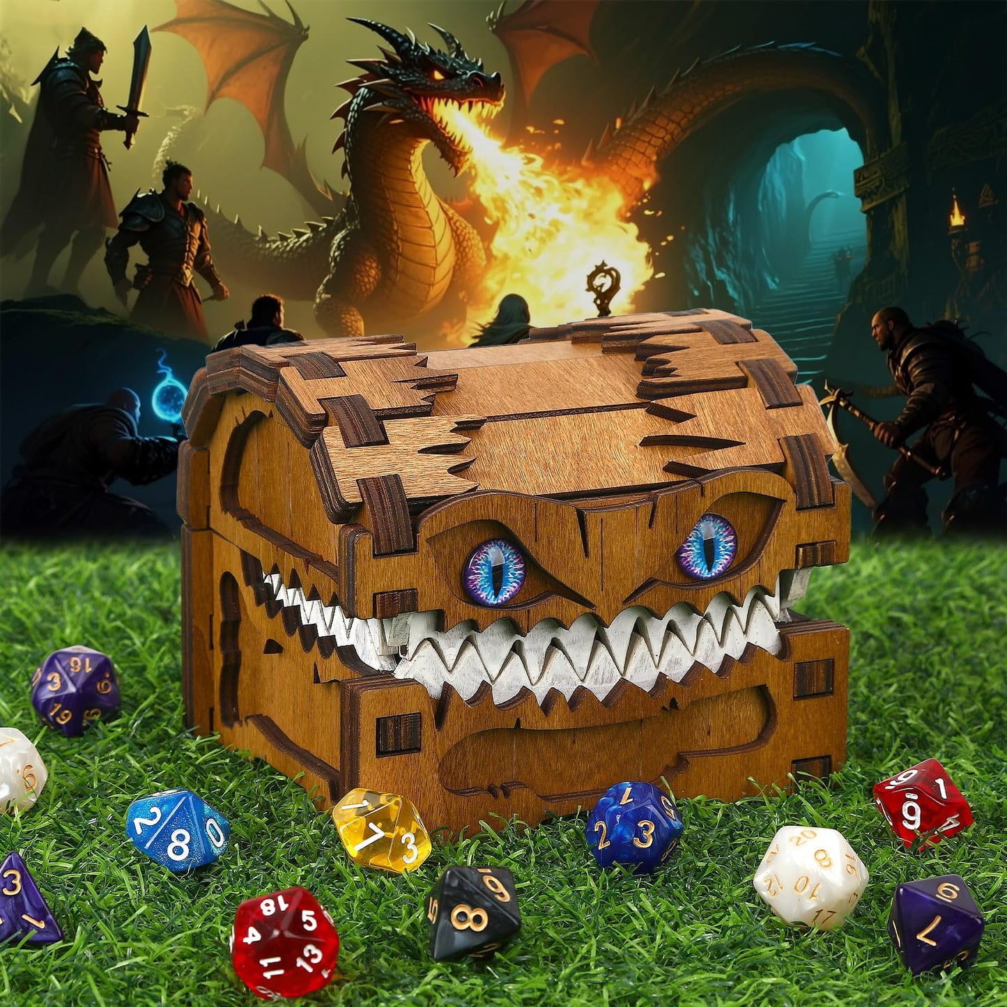 JULEASEL Mimic Dice Box – Wooden Monster Treasure Chest with Teeth & Blue Eyes, Halloween Desk Decor Creepy Box, Funny Dice Storage for Tabletop RPG & Fantasy Games (Starfang)