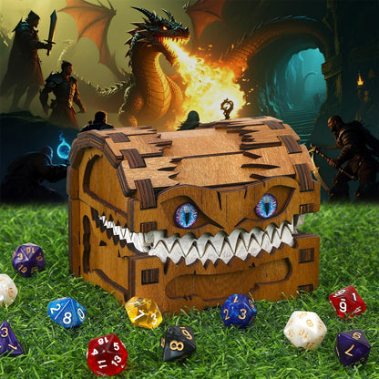 JULEASEL Mimic Dice Box – Wooden Monster Treasure Chest with Teeth & Blue Eyes, Halloween Desk Decor Creepy Box, Funny Dice Storage for Tabletop RPG & Fantasy Games (Starfang)