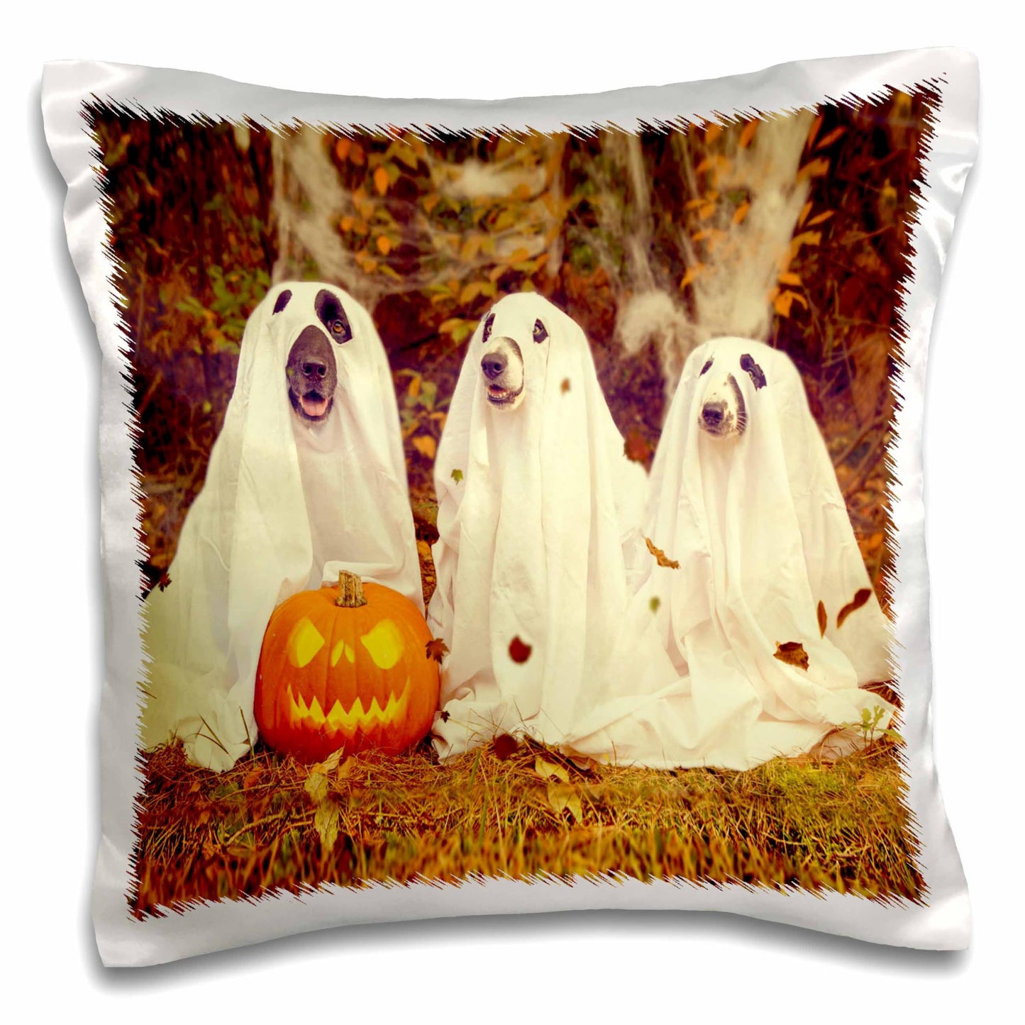 3dRose Pillow Case - Dogs in Ghost Costumes with Jack o Lantern Image, 3drsmm - 16 by 16-inches (pc_290224_1)