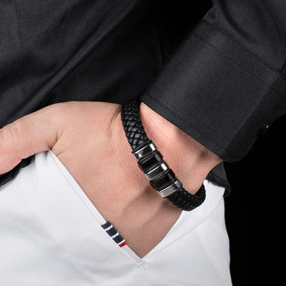 LJWVX Mens Black Leather Bracelets,Braided Leather Wristband Cuff,Stainless Steel Clasp,Bracelet Gift for Dad