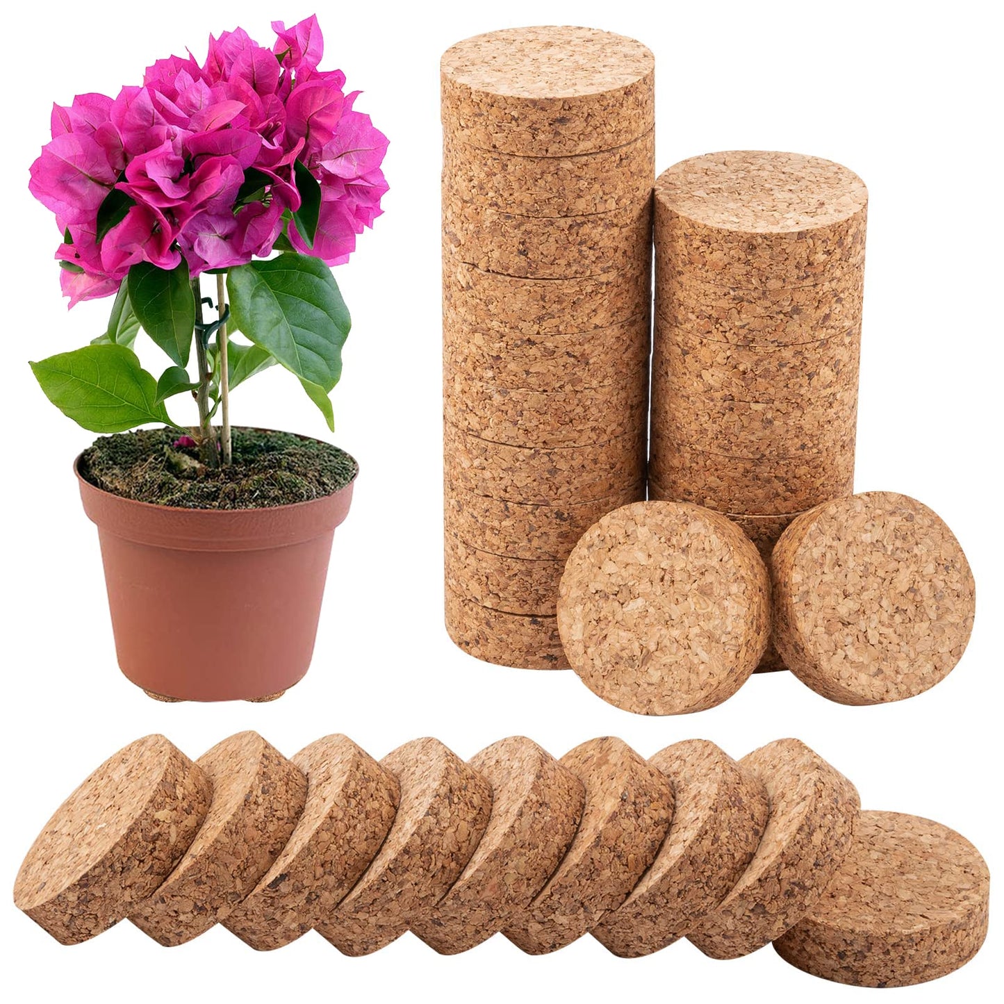 Biubee 60Pcs Invisible Pot Feet with Non-Slip Surface- Sturdy Cork Plant Riser Pot Feet for Outdoor Planter Drainage, Solid Corkwood Planter Lifter, 2" Dia