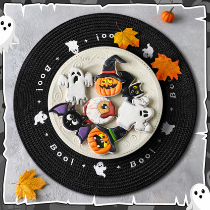 Tioncy 6 Pcs Plastic Halloween Placemats Round Embroidered Ghost Place Mats 13.5 Inch Black Spooky Ghosts Dinner Washable Table Mats Kitchen Dining Waterproof Placemats for Halloween Party Decoration