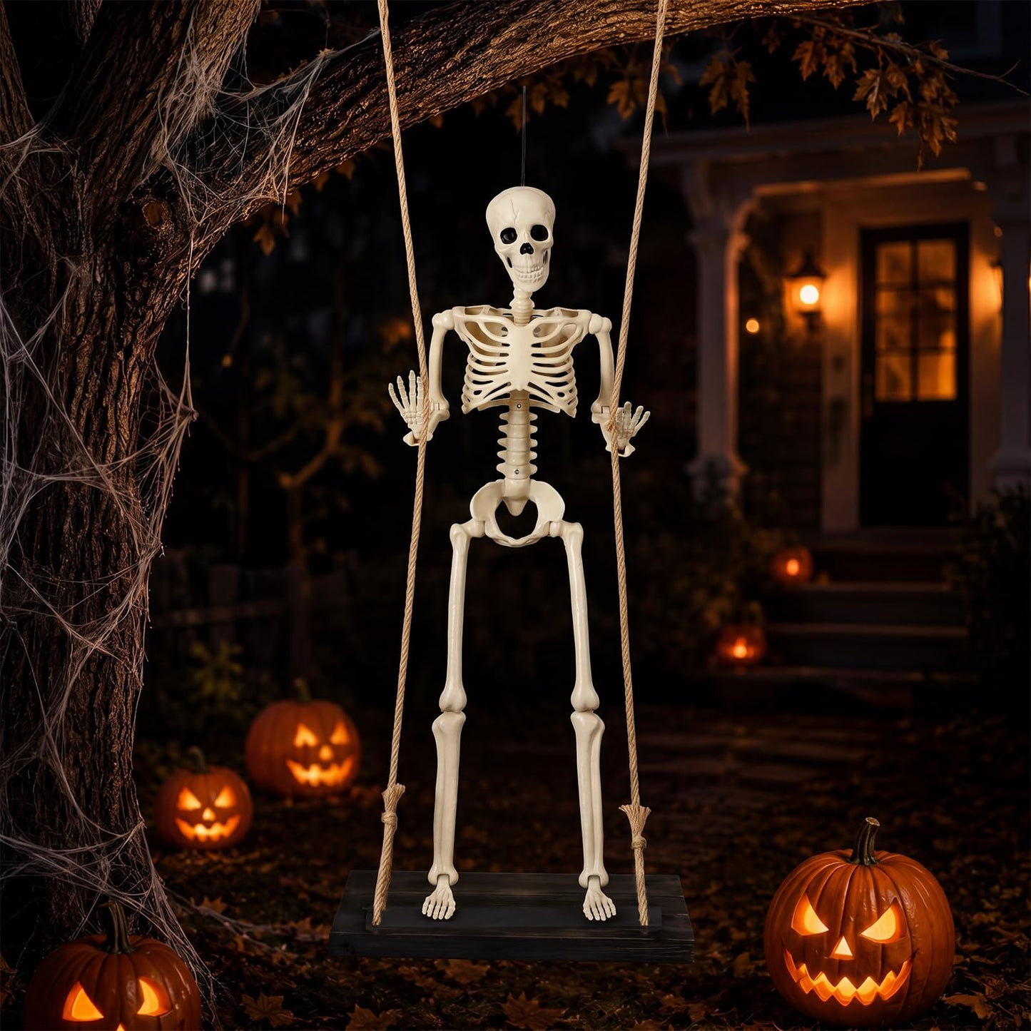 Sintuff Halloween Swinging Skeleton on Swing, Outdoor Swinging Ghost Decor, 35.4" Hanging Skeleton with 13.8" Wooden Seat for Yard, Porch, Tree, Spooky Halloween Decorations