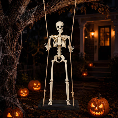 Sintuff Halloween Swinging Skeleton on Swing, Outdoor Swinging Ghost Decor, 35.4" Hanging Skeleton with 13.8" Wooden Seat for Yard, Porch, Tree, Spooky Halloween Decorations