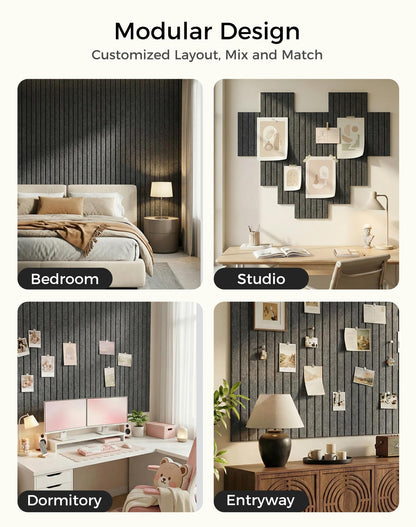 Aothia 12-Pack Felt Bulletin Board Tiles 48"x36", Modular Pin Board for Smooth Walls, Cork Board Alternative for Notes & Photos, 0.35" Thick, 70 Adhesive Tabs & 40 Pins, Charcoal Gray