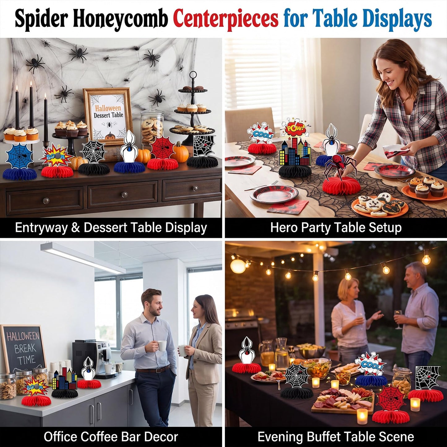 Pajean 12 Pcs Spider Honeycomb Centerpieces for Hero Birthday Party Decorations, 3D Heroic Comic Theme Table Toppers, Red Blue Spider Web Cityscape Paper Decor for Action Event Cake Table Supplies