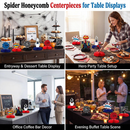 Pajean 12 Pcs Spider Honeycomb Centerpieces for Hero Birthday Party Decorations, 3D Heroic Comic Theme Table Toppers, Red Blue Spider Web Cityscape Paper Decor for Action Event Cake Table Supplies