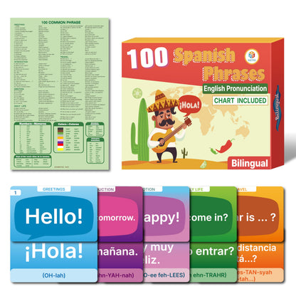 100 Spanish English Bilingual Phrases with English Prounciation Educational Flash Cards and Phrases Chart Learning Resource for Spanish Learner or Traveller Double-Sided 100 Cards (Each 4.4" X 2.8")