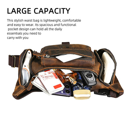 Handadsume Thick Crazy Horse Leather Hiking Riding Travel Outdoor Belt Bag Fanny Waist Pack Small Phone Pouch For Men Women 380 (388 Brown)