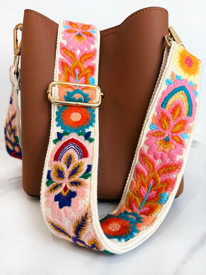 TCOMVEZ Embroidery Flower Purse Strap Replacement Crossbody for Handbags Women Guitar Strap 2 inch Wide Adjustable Bag Straps (Ivory)